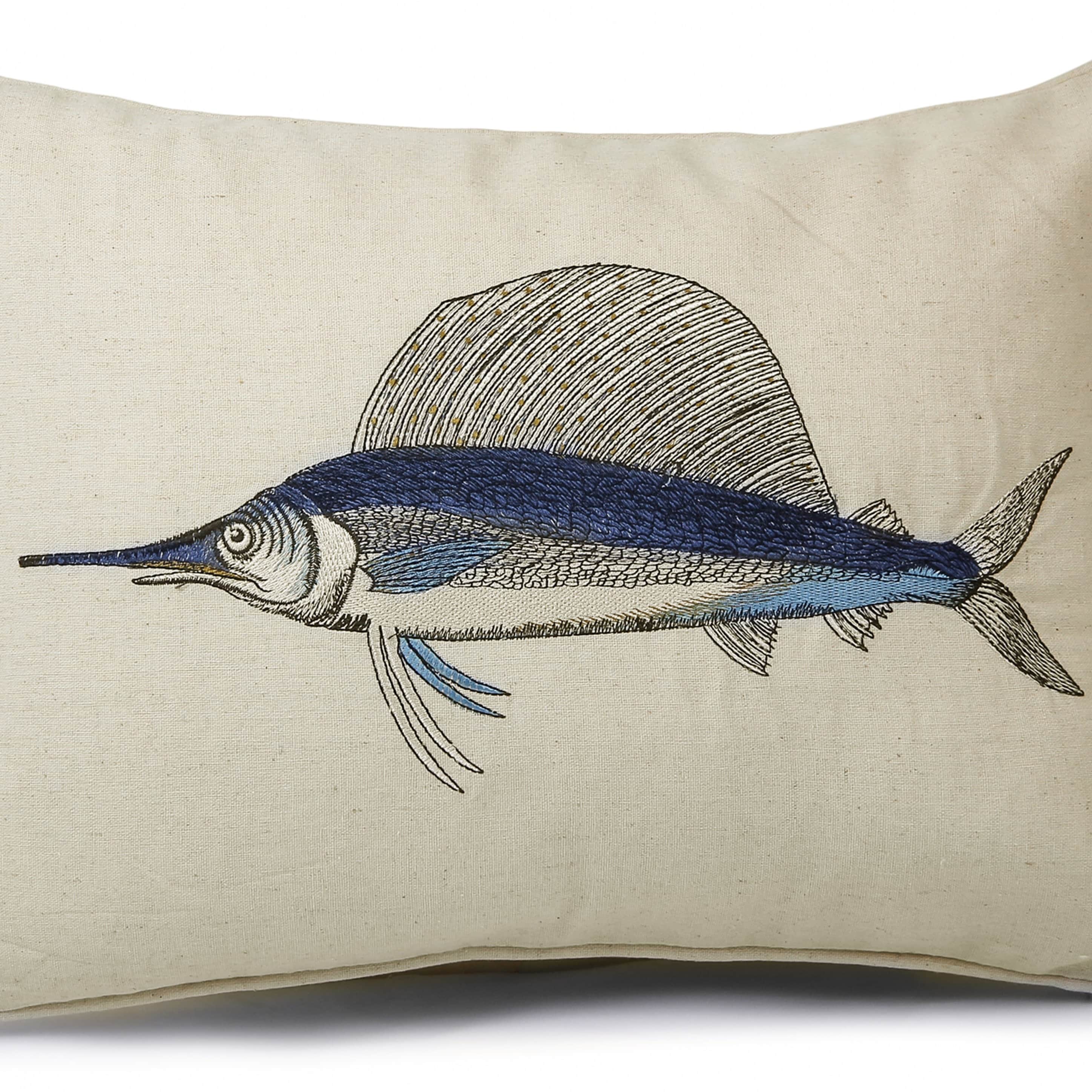 Nomaadi Embroidered Deep Sea Marlin Lumbar Cushion Cover 14 x 20 inches, Ocean Themed Decorative Pillow Cover in Cotton Fabric Bed, Living Room, Sofa - front_view