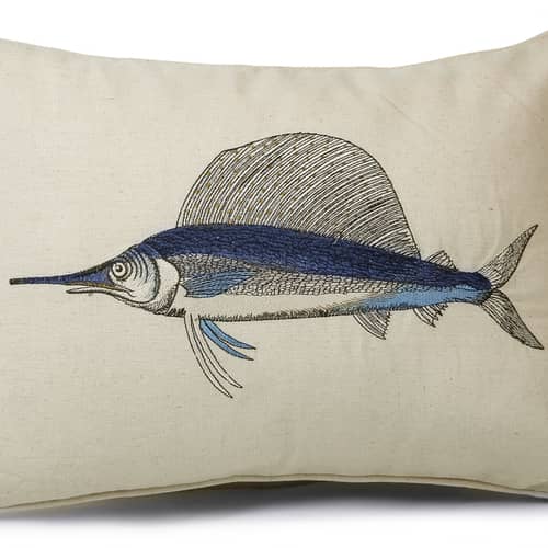 Nomaadi Embroidered Deep Sea Marlin Lumbar Cushion Cover 14 x 20 inches, Ocean Themed Decorative Pillow Cover in Cotton Fabric Bed, Living Room, Sofa