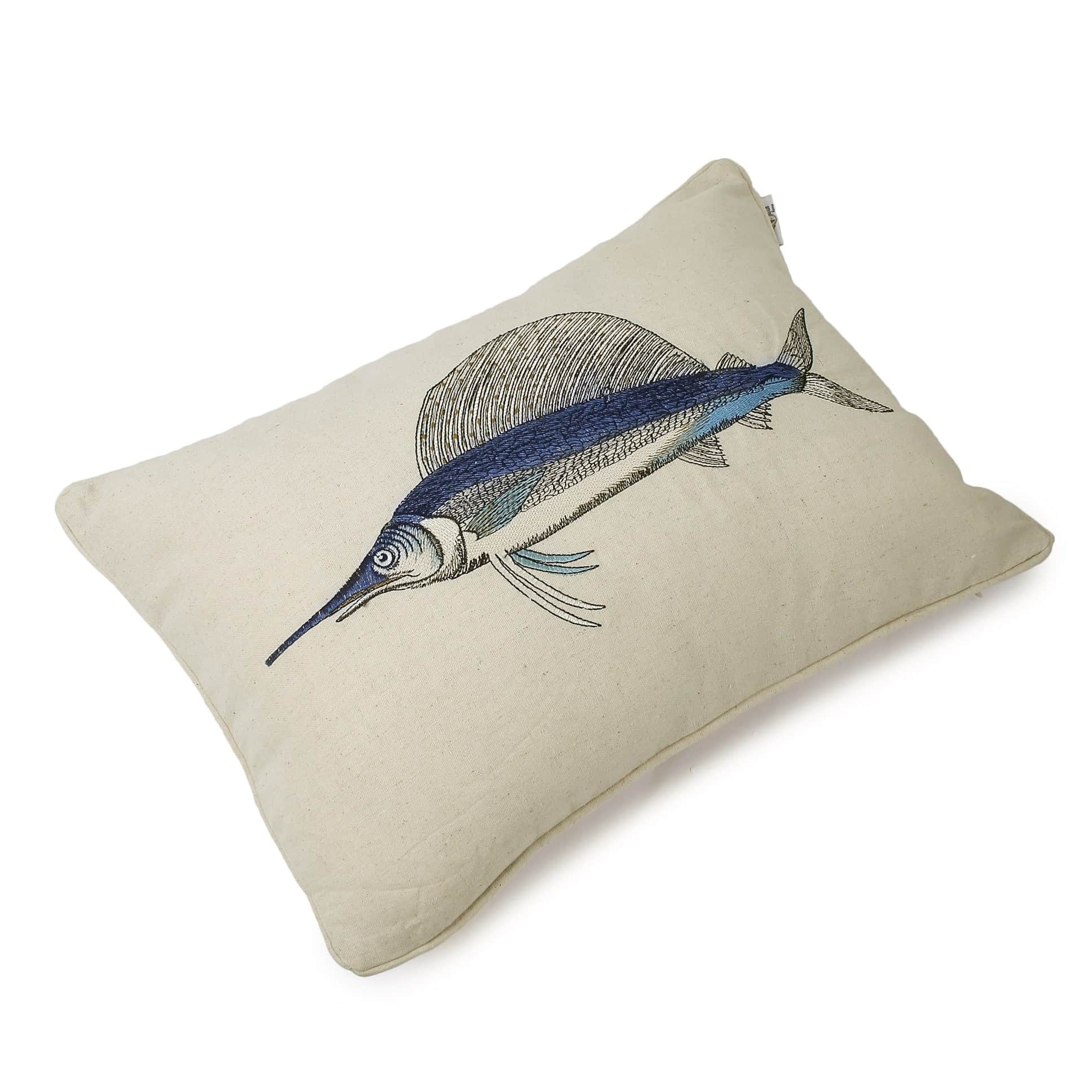Nomaadi Embroidered Deep Sea Marlin Lumbar Cushion Cover 14 x 20 inches, Ocean Themed Decorative Pillow Cover in Cotton Fabric Bed, Living Room, Sofa - top_view