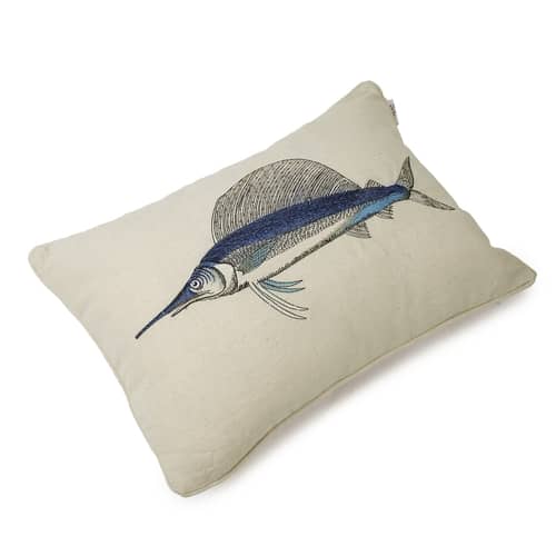 Nomaadi Embroidered Deep Sea Marlin Lumbar Cushion Cover 14 x 20 inches, Ocean Themed Decorative Pillow Cover in Cotton Fabric Bed, Living Room, Sofa