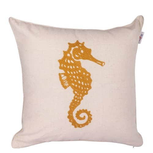 Nomaadi Embroidered Sea Horse Handcrafted Cushion Cover (18X18 inches) Decorative Pillow for Sofa, Bed, Couch, Living Room in Cotton Fabric