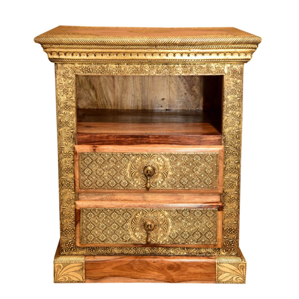 Wooden 2 Drawer Bedside Brass Fitting (Set Of 2) - photo
