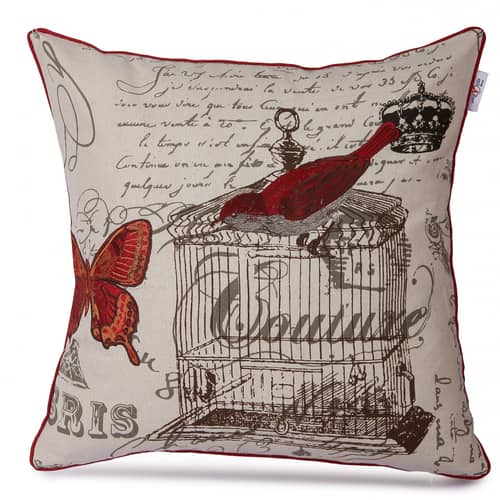 Nomaadi Embroidered Red Bird with Cage Decorative Cushion Cover 18x18 inches Throw Pillowcase Home Decor for Kids, Bedroom, Sofa, Chair