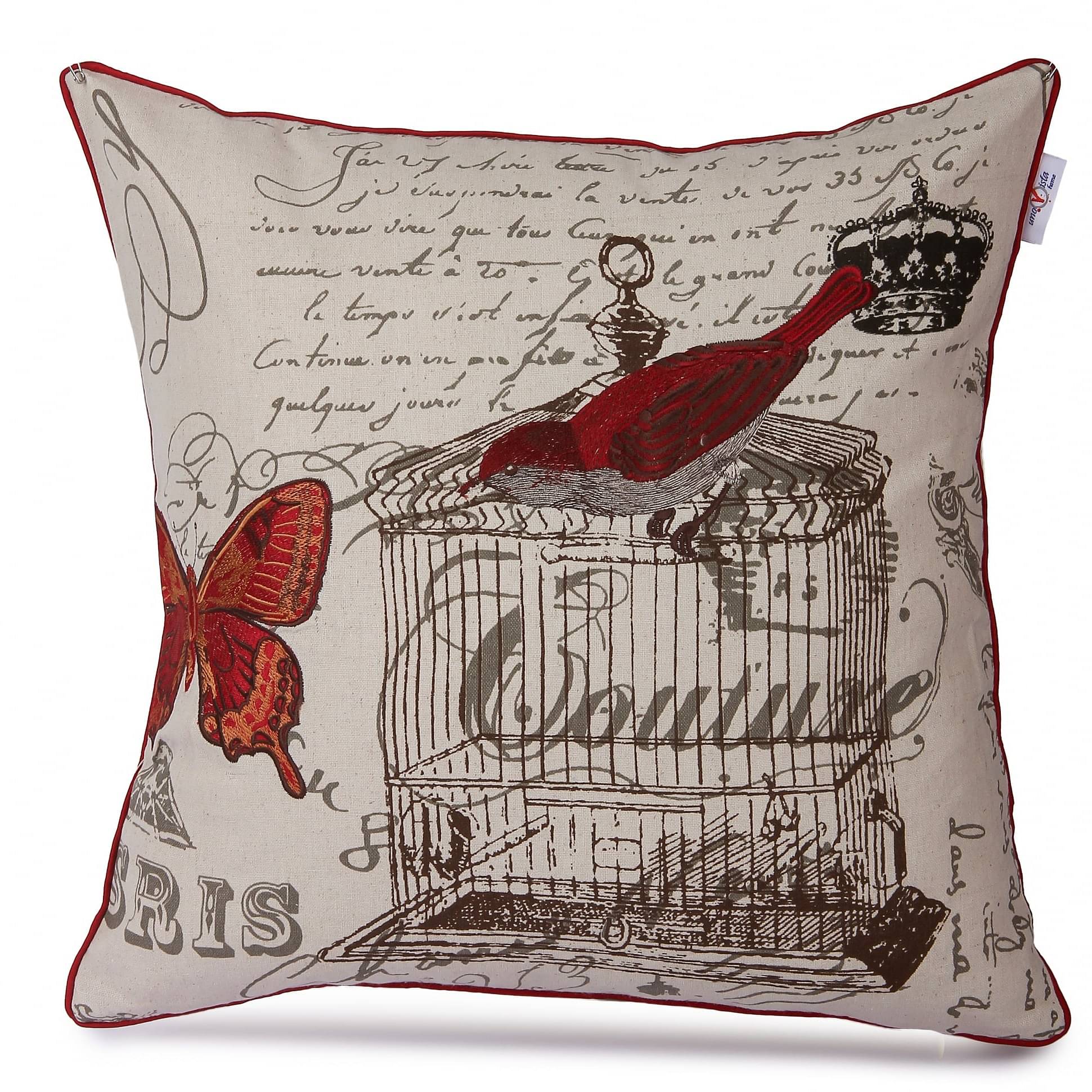 Nomaadi Embroidered Red Bird with Cage Decorative Cushion Cover 18x18 inches Throw Pillowcase Home Decor for Kids, Bedroom, Sofa, Chair