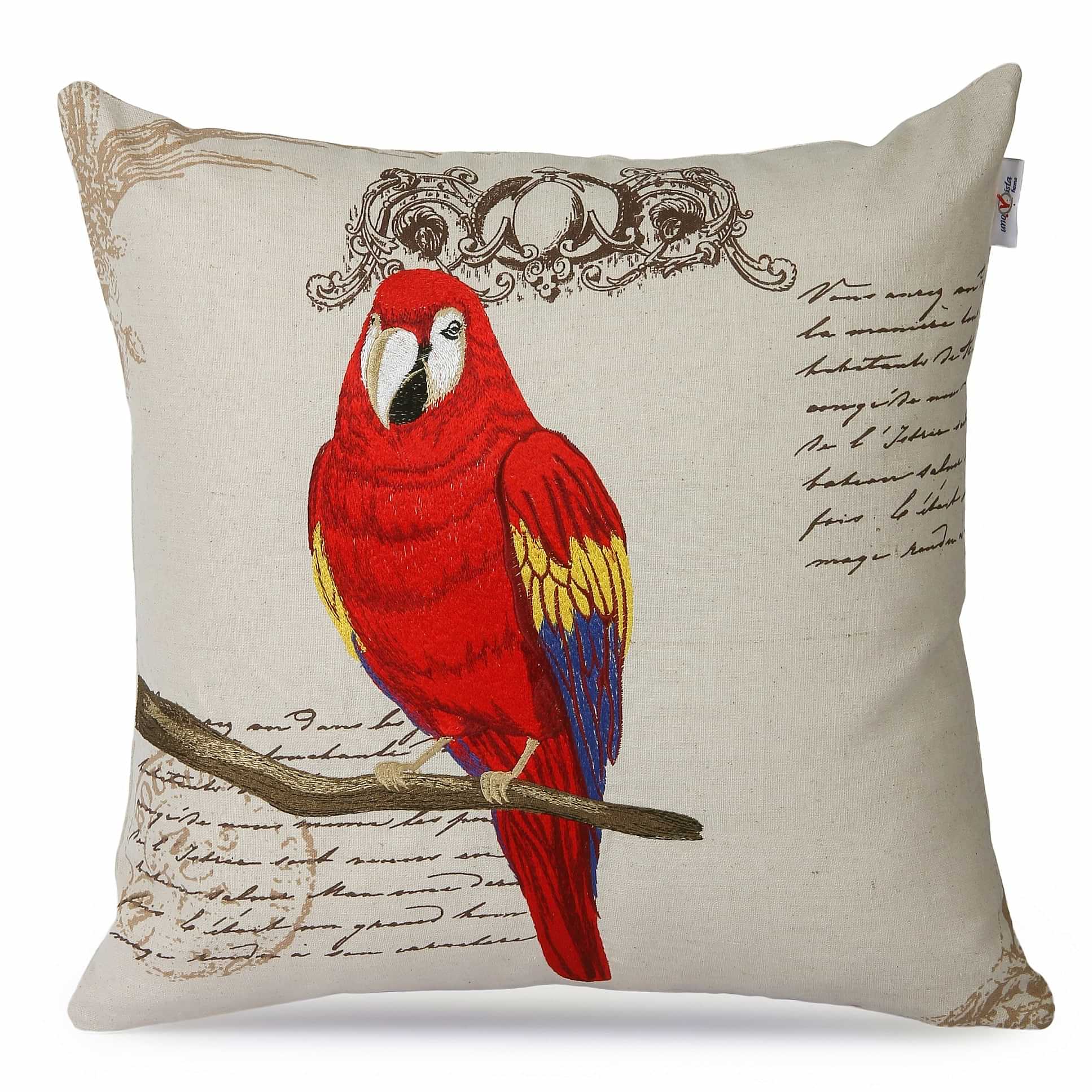 Nomaadi Red Parrot Embroidered Pillow Cover 18*18 inches Decorative Kids Room Cushion Cover for Bedroom Sofa Chair Couch - photo