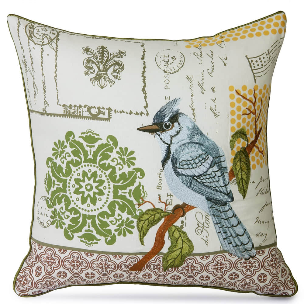 Nomaadi Blue Jay Bird Embroidered Pillowcase 18X18 inches Square Decorative Cushion Cover, Modern Cushion, Home Decor for Bed, Chair, Sofa - photo