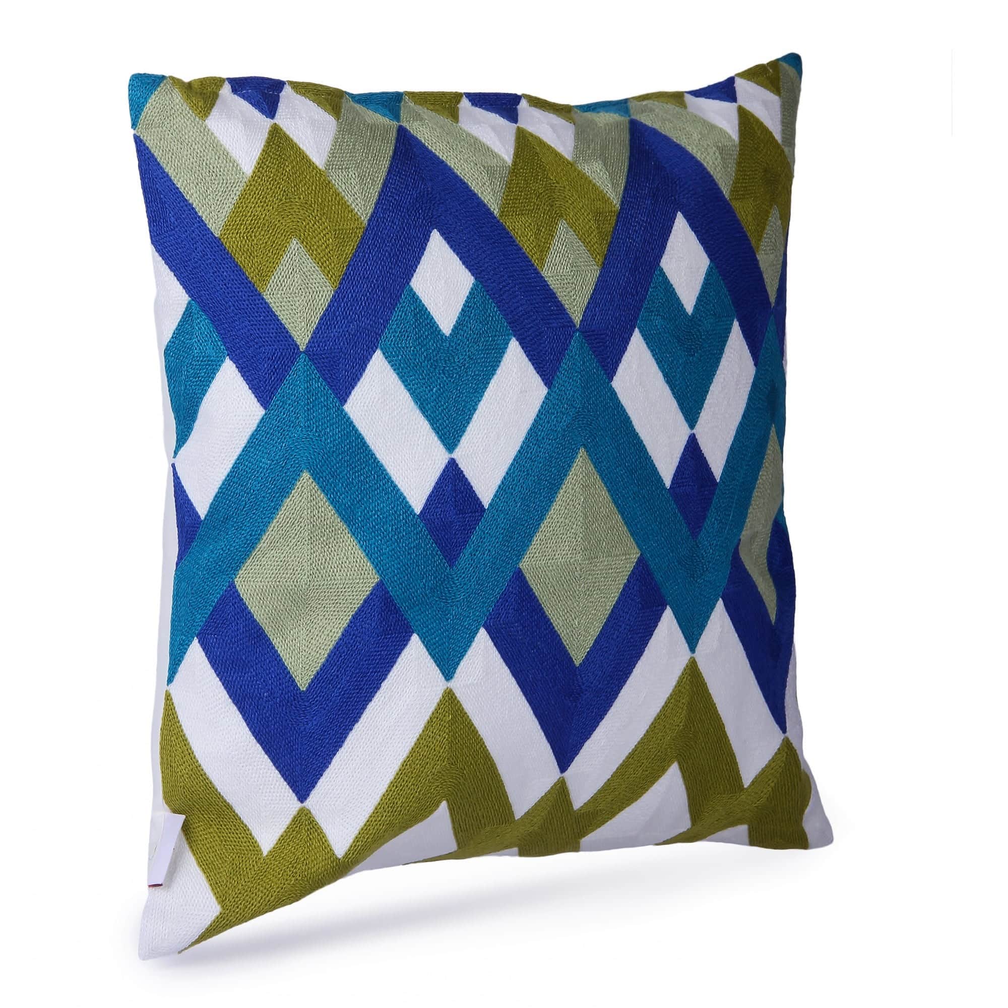Nomaadi Green Blue Chevron Design Cushion Cover, 18x18 Square Pillow in Premium Cotton - top_view