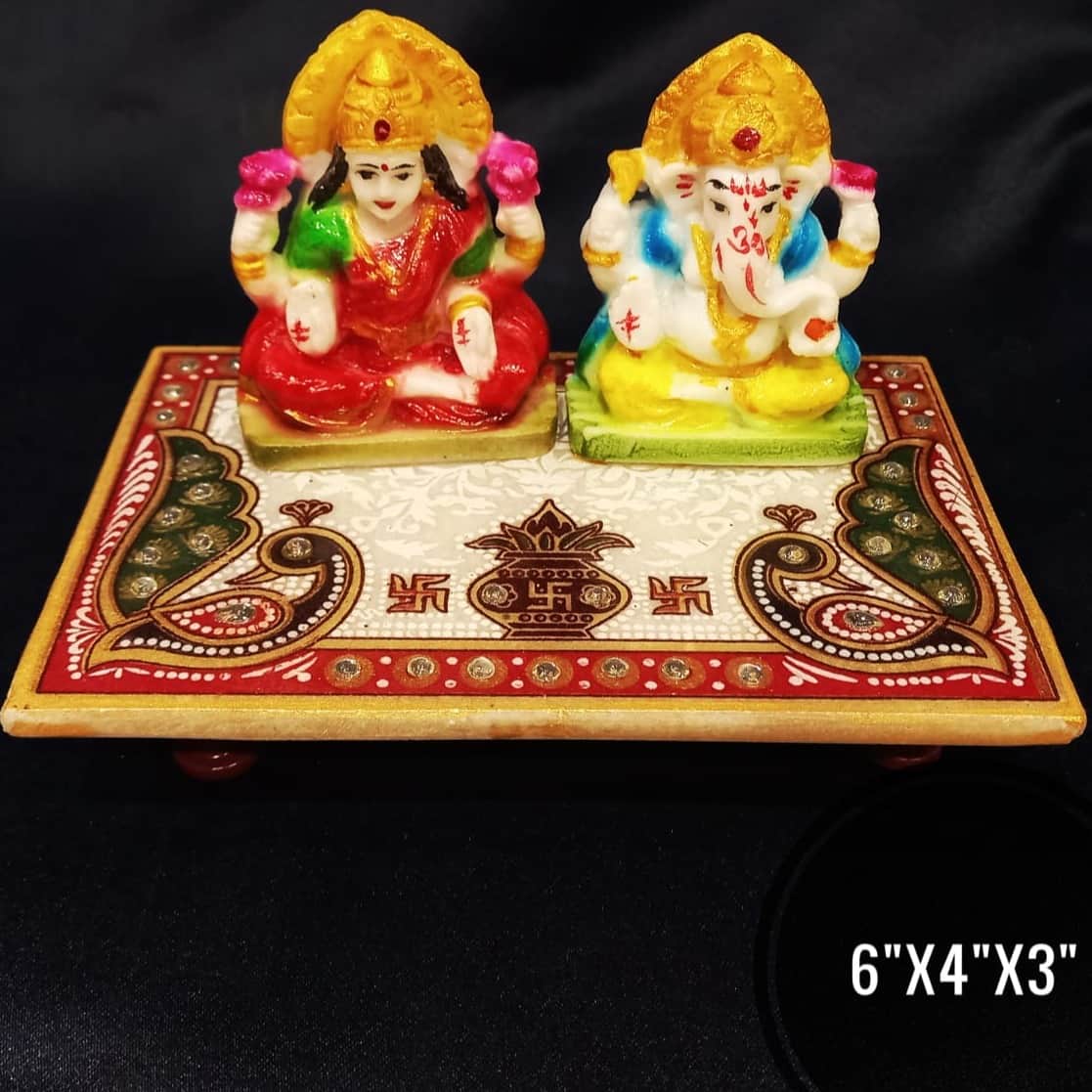 Lord  Ganesh Laxmi Stone Idol with Marble Chauki - front_view