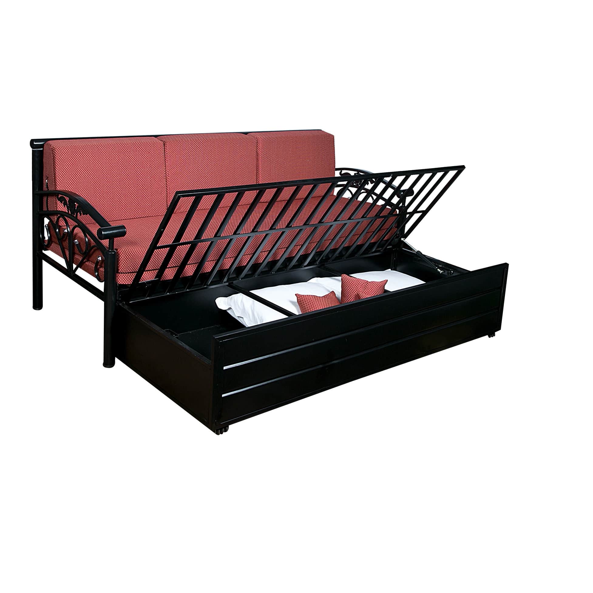 Red Sofa Cum Bed with Hydraulic Storage - rear_view