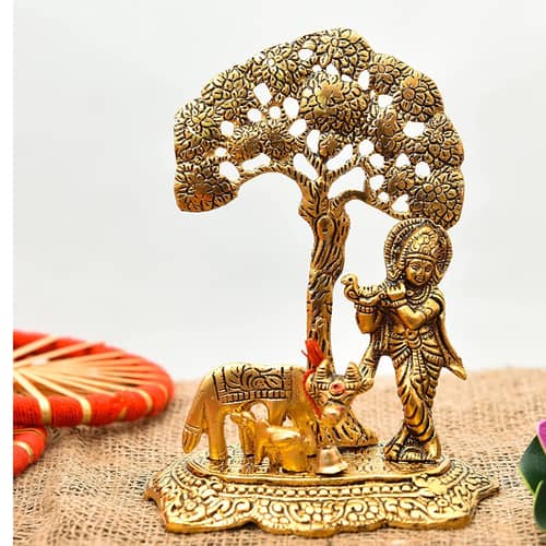 Designer Metal Lord Metal Cow Calf and Krishna Idol Showpiece