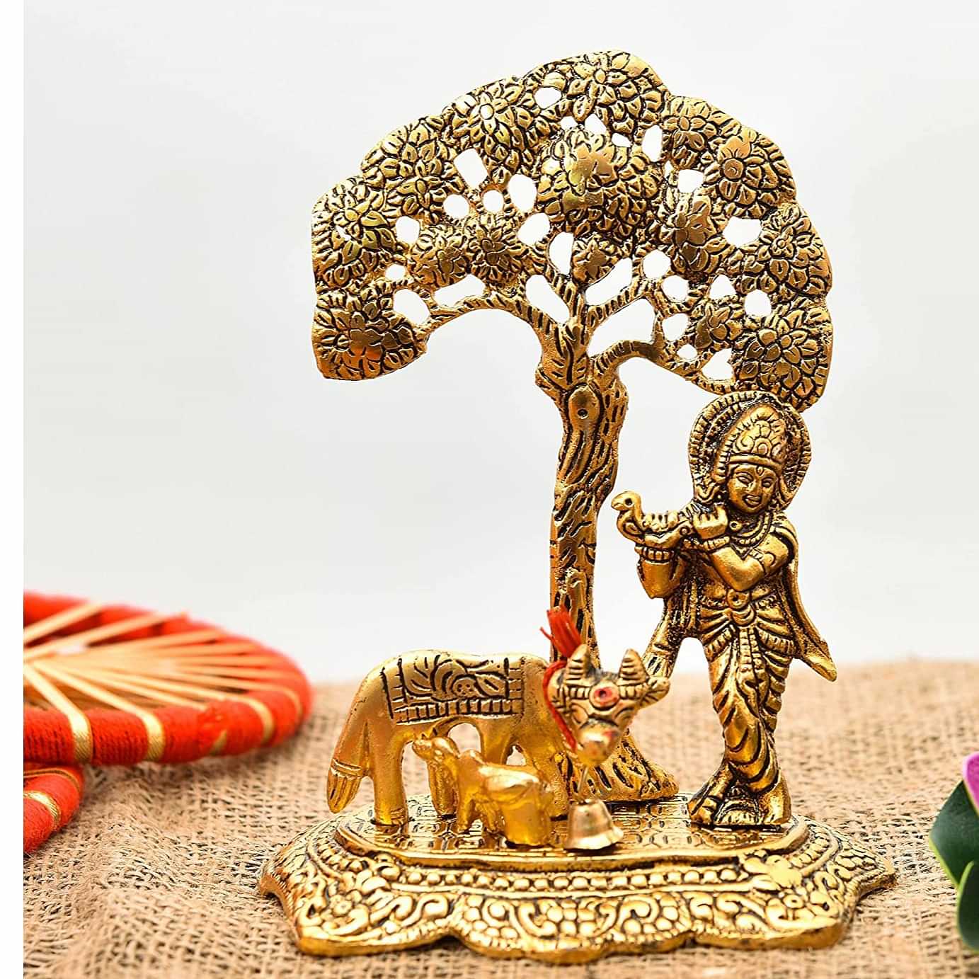 Designer Metal Lord Metal Cow Calf and Krishna Idol Showpiece - photo