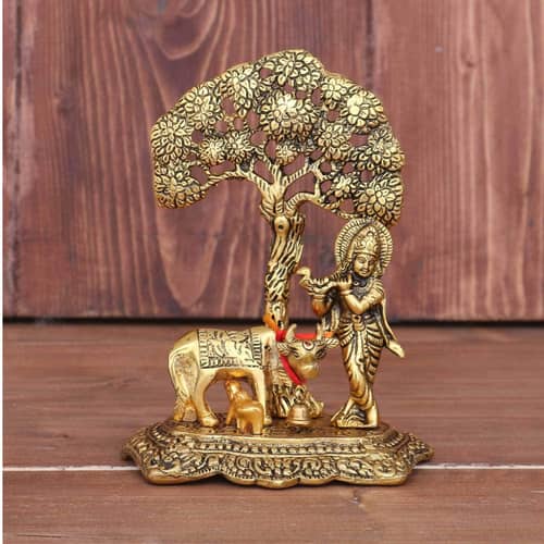 Designer Metal Lord Metal Cow Calf and Krishna Idol Showpiece