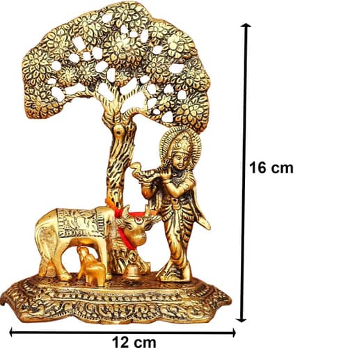 Designer Metal Lord Metal Cow Calf and Krishna Idol Showpiece