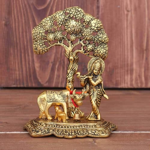 Designer Metal Lord Metal Cow Calf and Krishna Idol Showpiece
