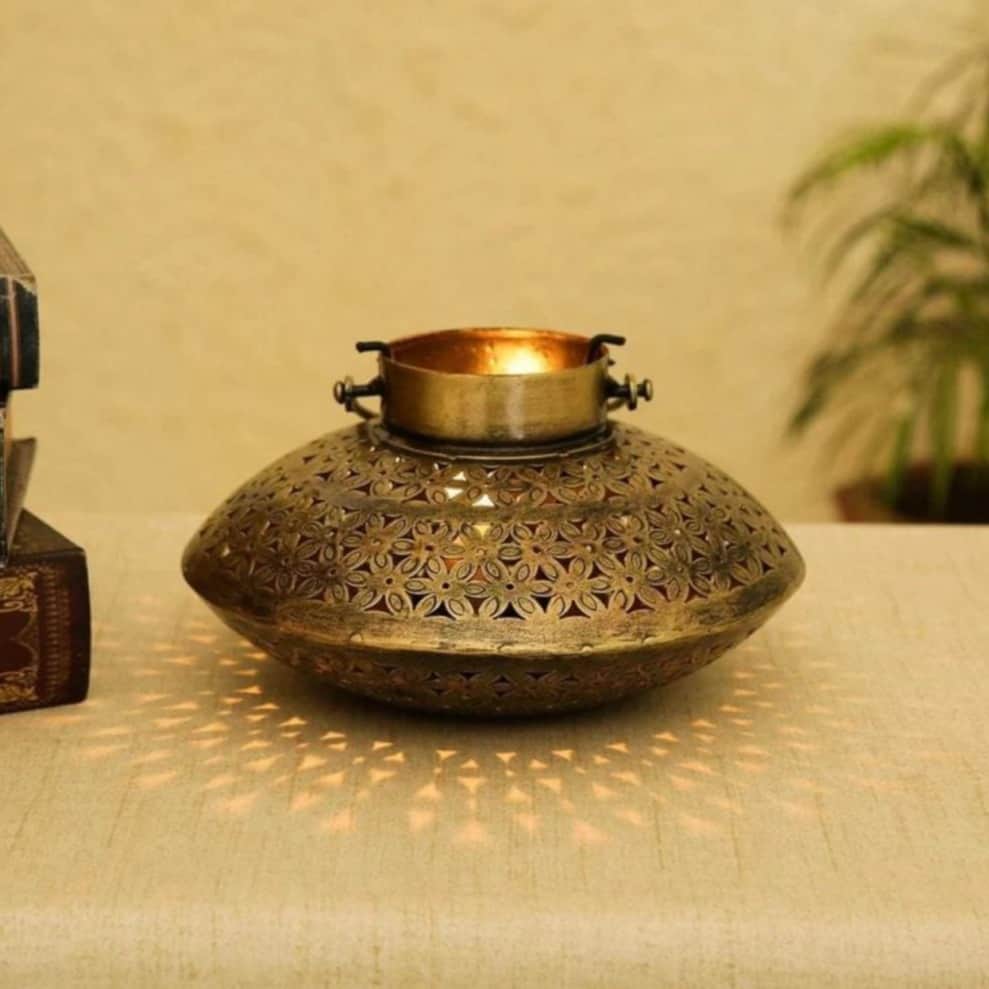 Metal Handicraft Netted Handi Shape Degchi T Light Candle Holder - top_view