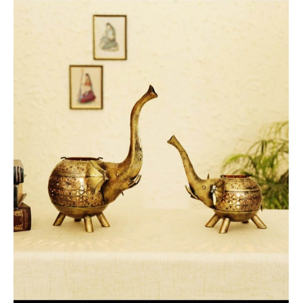 Metal Tea Light Candle Holder for Home Décor Elephant Design set of 2 - photo