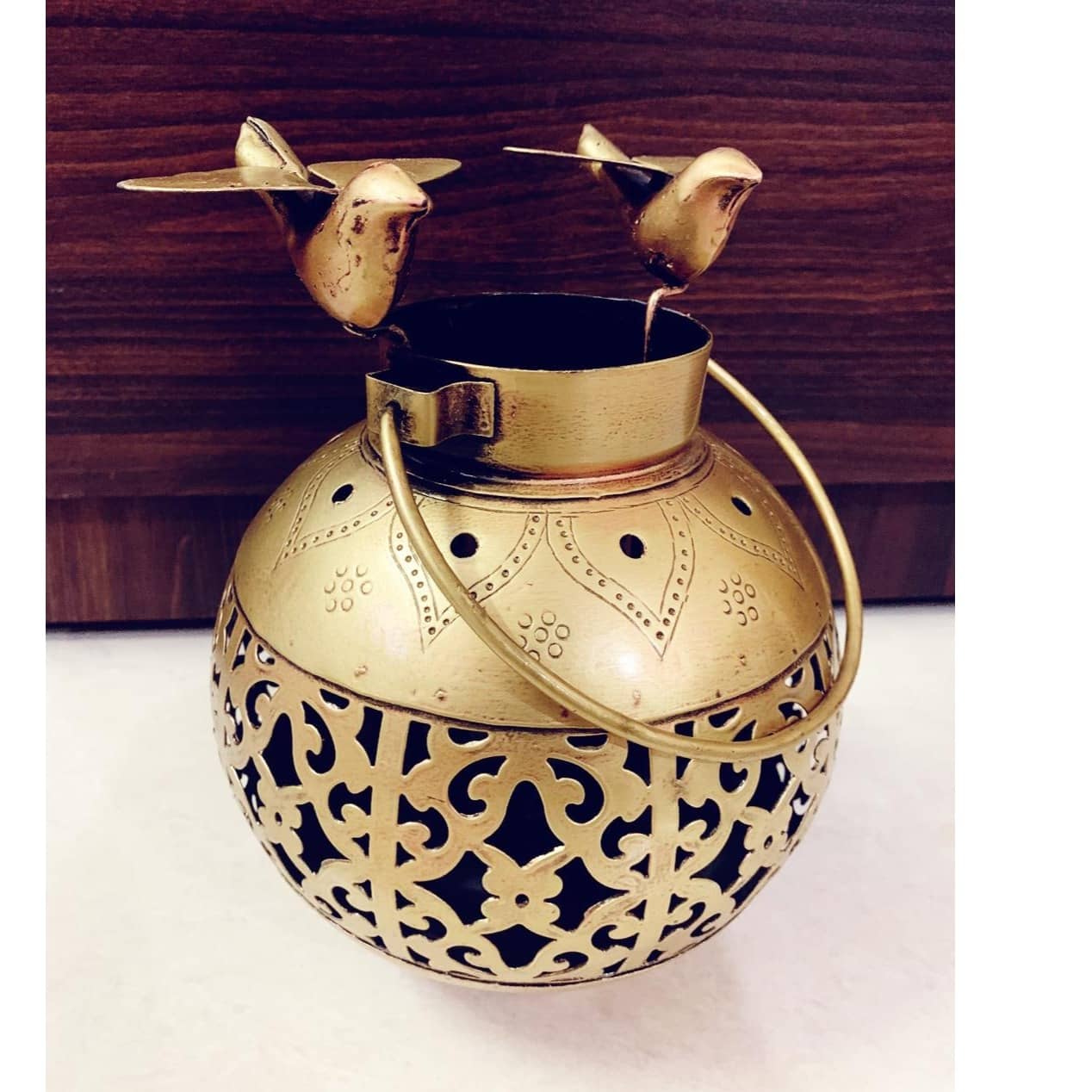 Wrought Iron T-Light Antique Gold Finish Big Wall Hanging Candle Holder