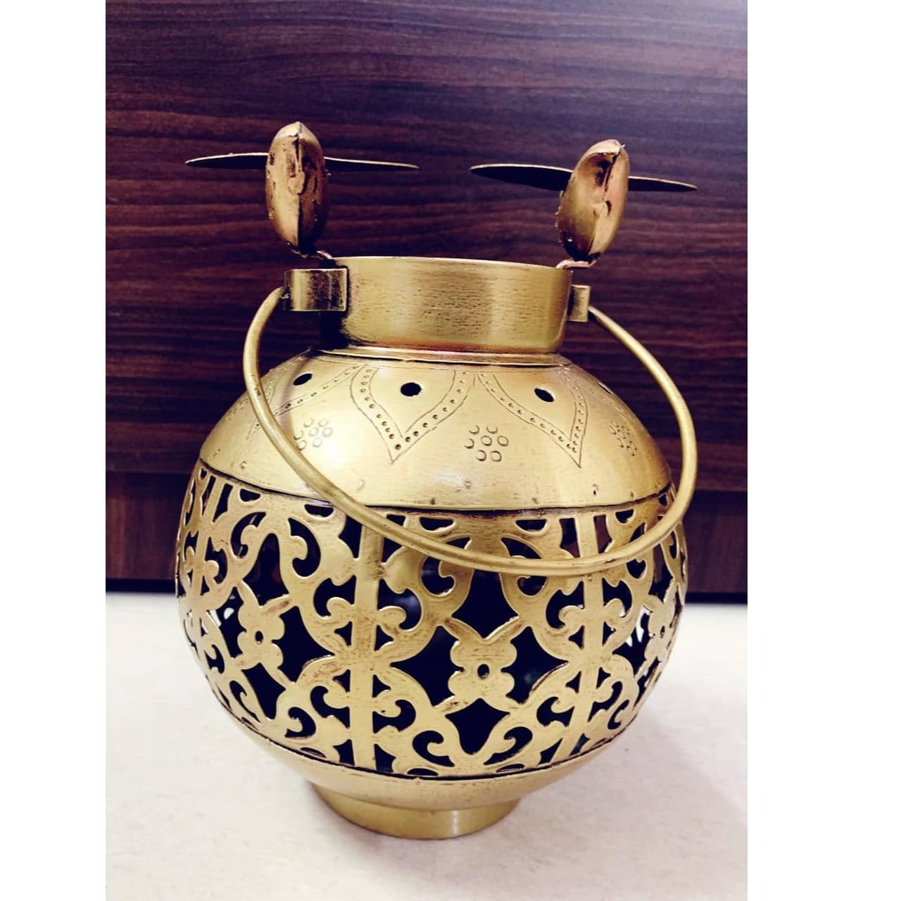 Wrought Iron T-Light Antique Gold Finish Big Wall Hanging Candle Holder