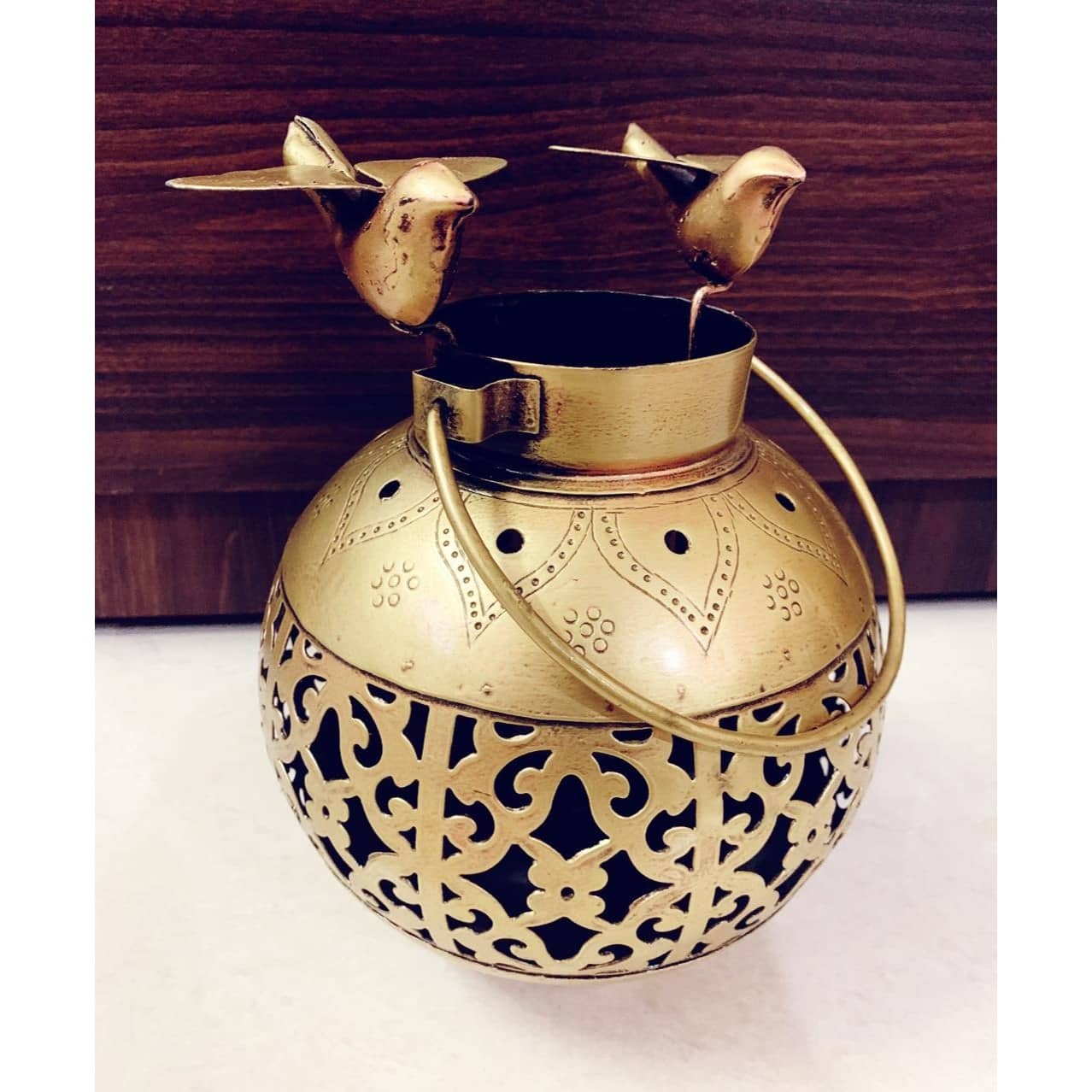 Wrought Iron T-Light Antique Gold Finish Big Wall Hanging Candle Holder