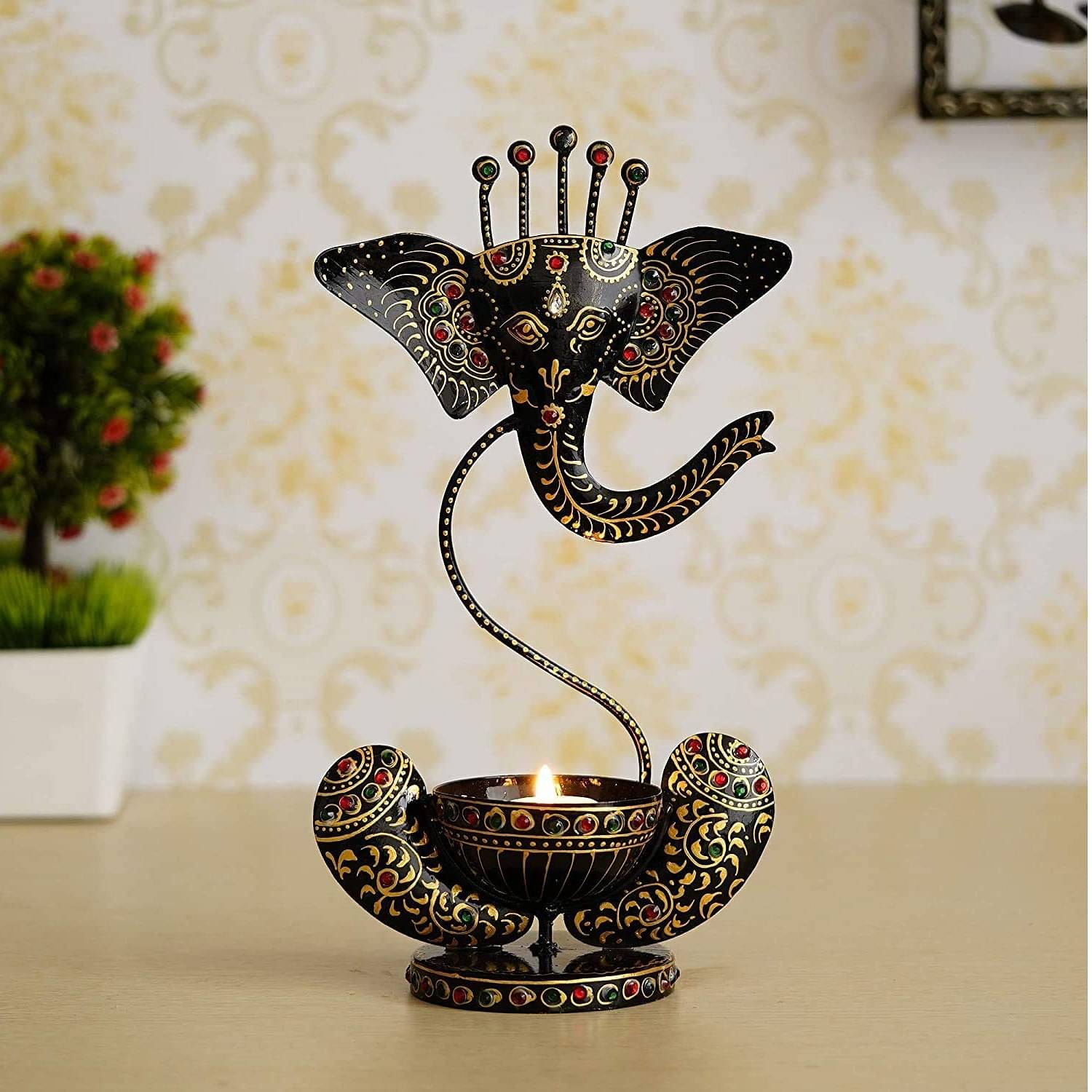 Handpainted Iron Painted  Ganesha  Light Candle Holder