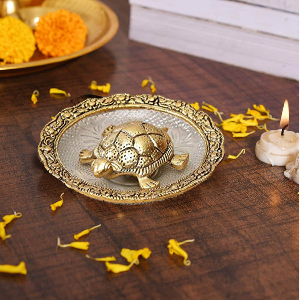 Metal Feng Shui Tortoise On Plate Showpiece for Good Luck - photo