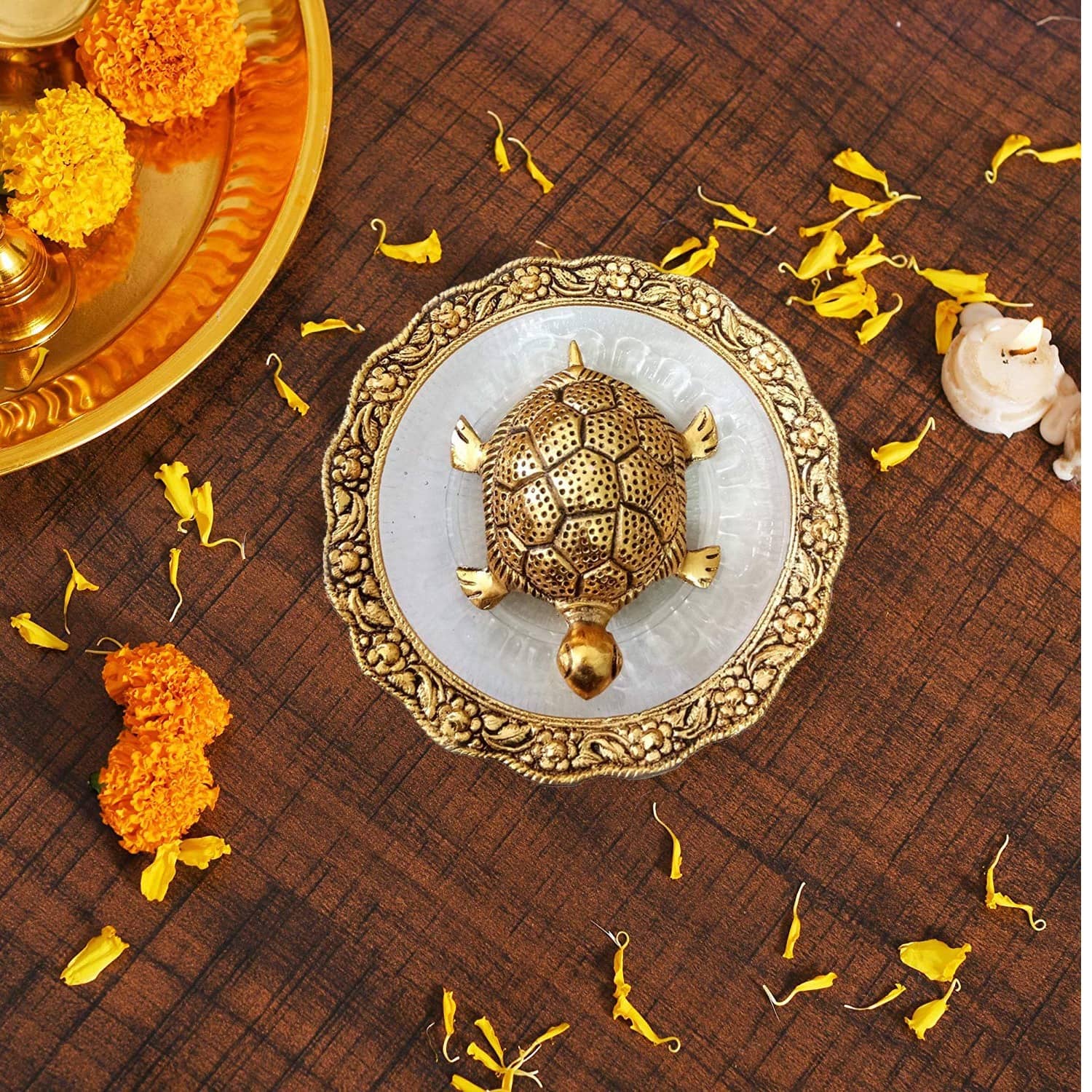 Metal Feng Shui Tortoise On Plate Showpiece for Good Luck