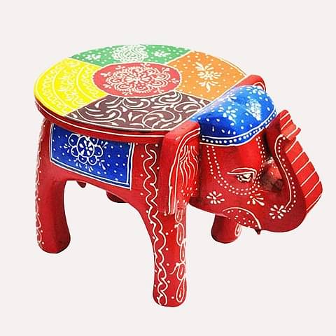 Multicolour Wooden Decorative Hand Painted Elephant Stool