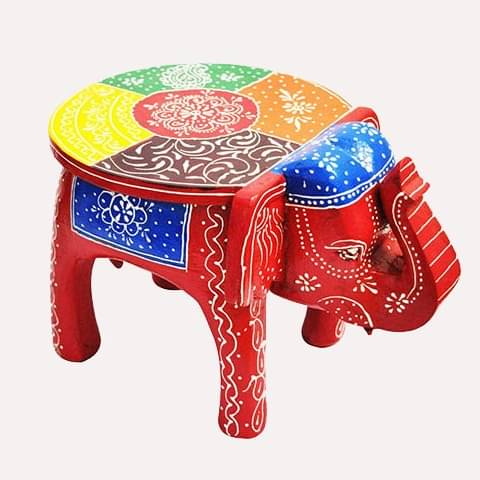 Multicolour Wooden Decorative Hand Painted Elephant Stool