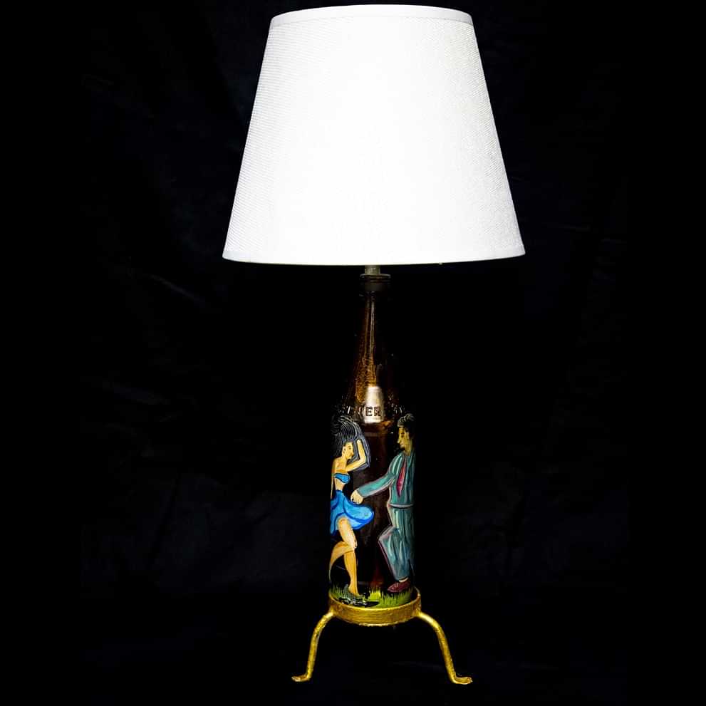 COUPLE PAINTED TABLE TOP BOTTLE LAMP WITH SHADE - photo