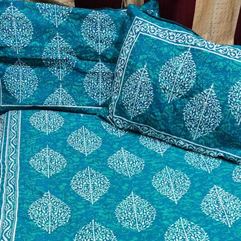 Cotton Bed Sheet in Leaf Print (Blue) - photo