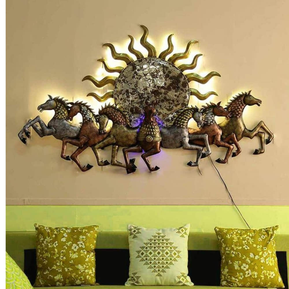 Iron 7 Running Horse Wall Art With LED In Gold - photo