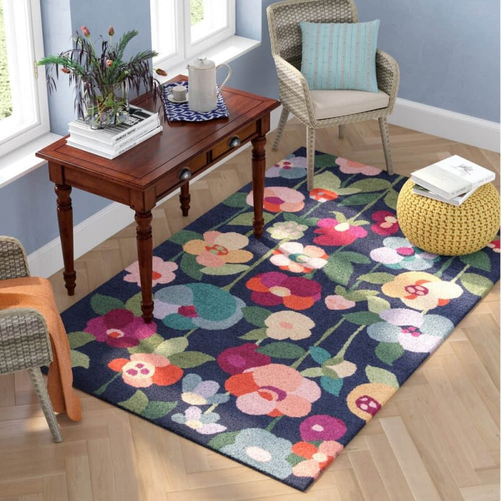 Tulsa floralhandmade tufted navy wool area rug - photo