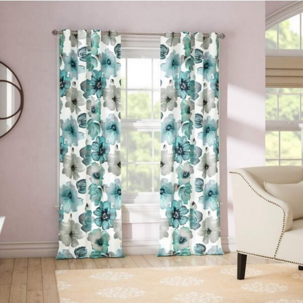 Multi colour Flower Printed Curtain Green - photo