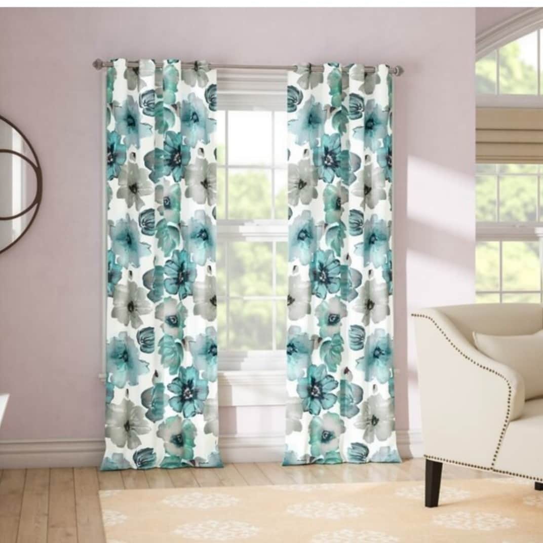 Multi colour Flower Printed Curtain Green - rear_view