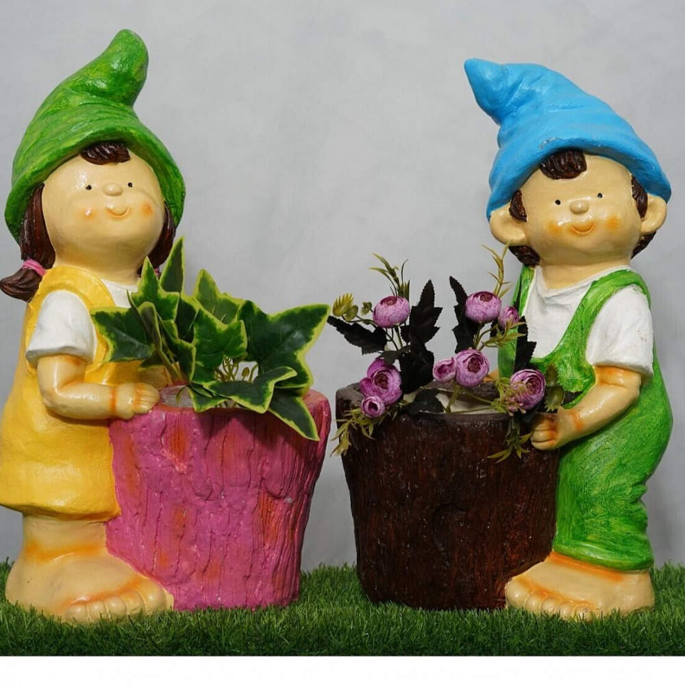 Resin Made Planter Statue Of Boy And Girl - photo