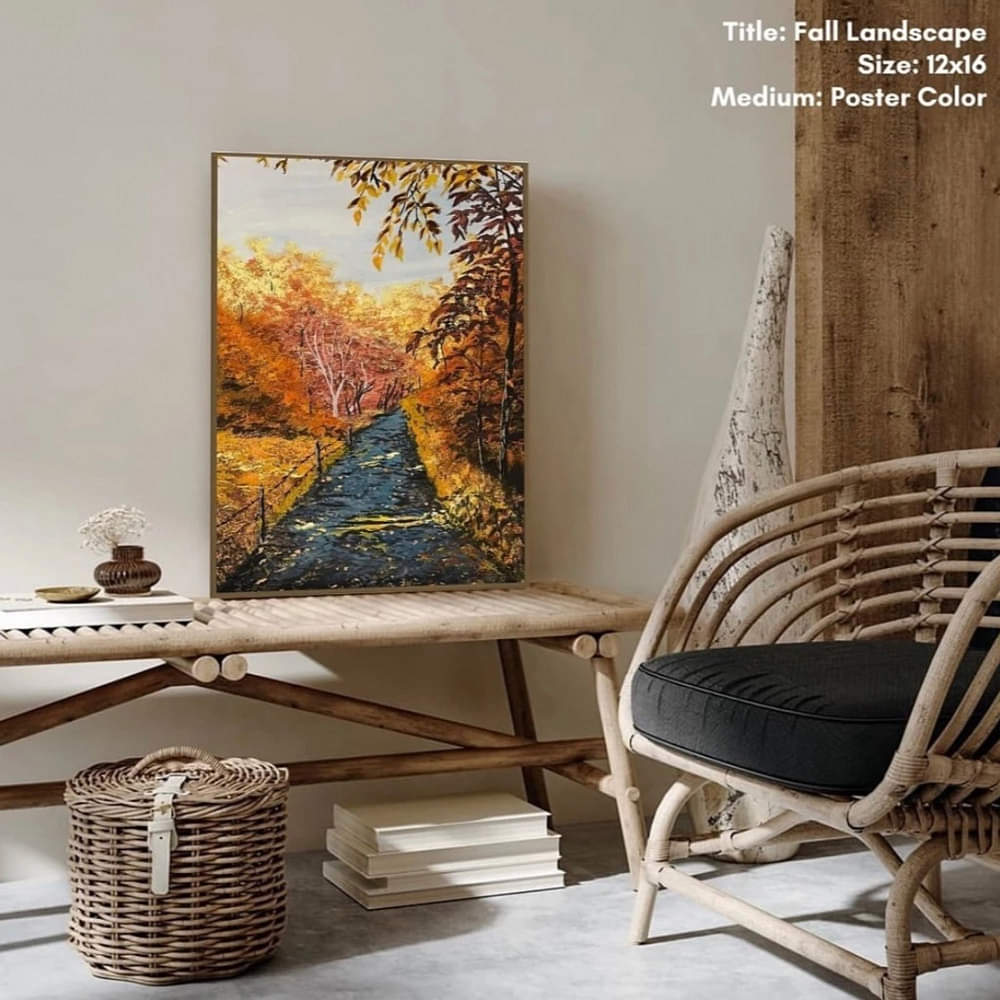 River in Autumn Forest Landscape Painting - photo