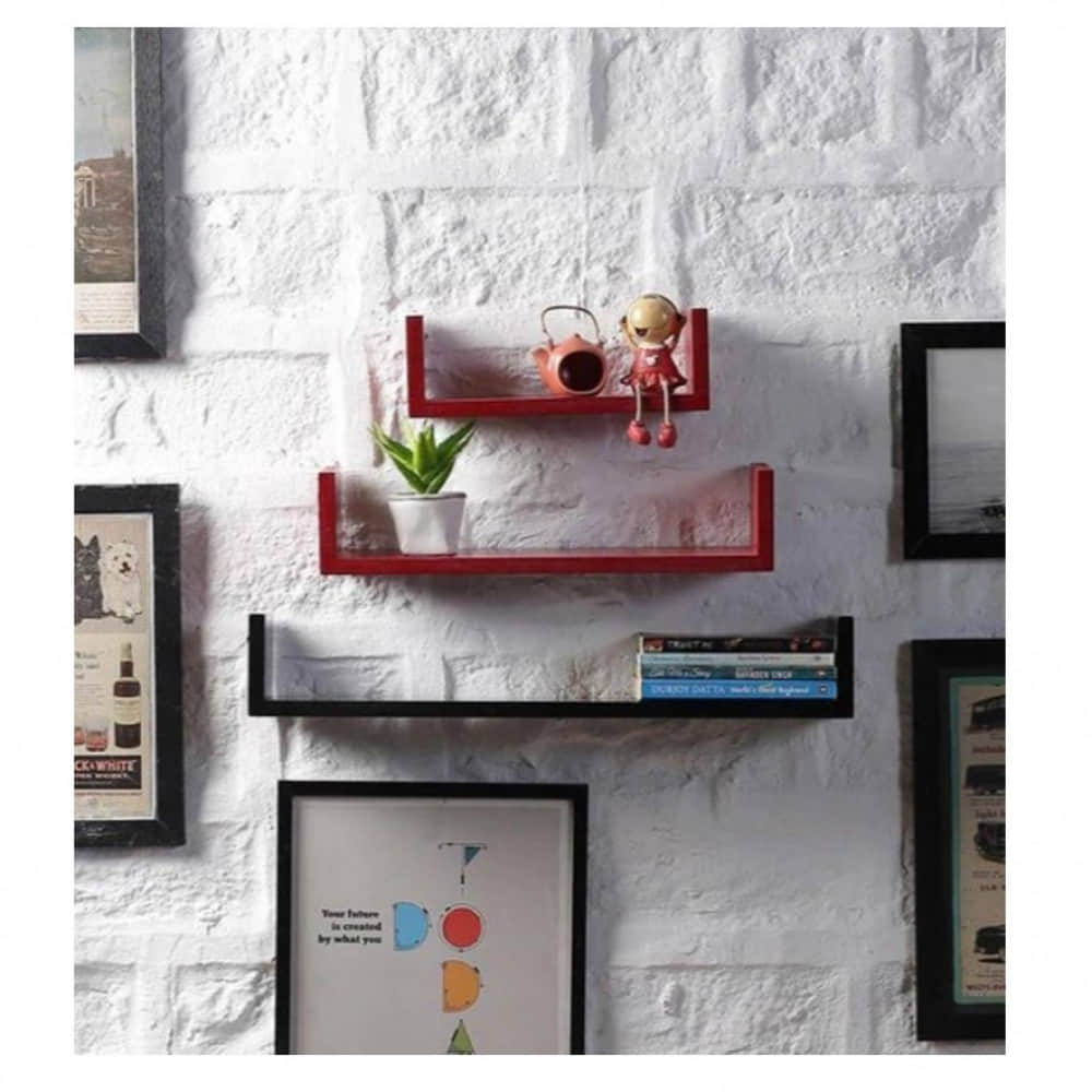 Ballon Wooden U Shape Wall Shelf (Red & Black) - photo