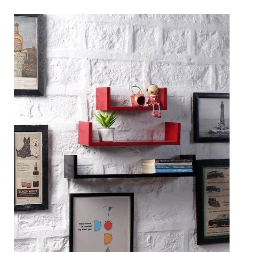 Ballon Wooden U Shape Wall Shelf (Red & Black)