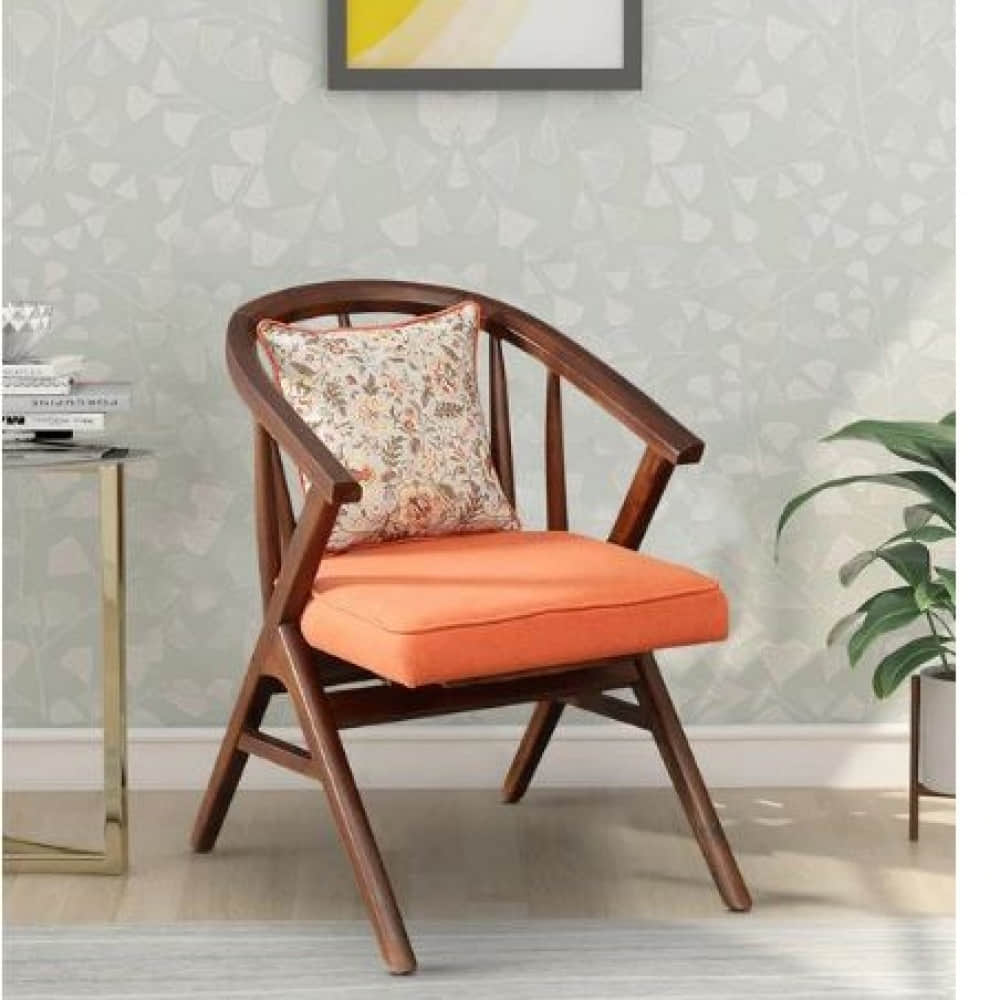 Aadya Teak Wood Upholstered Armchair In Orange Colour - photo