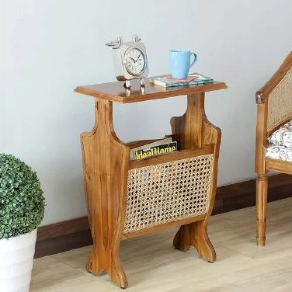 Veronika Teak Wood End Table Cum Magazine Holder With Cane In Natural Finish - photo