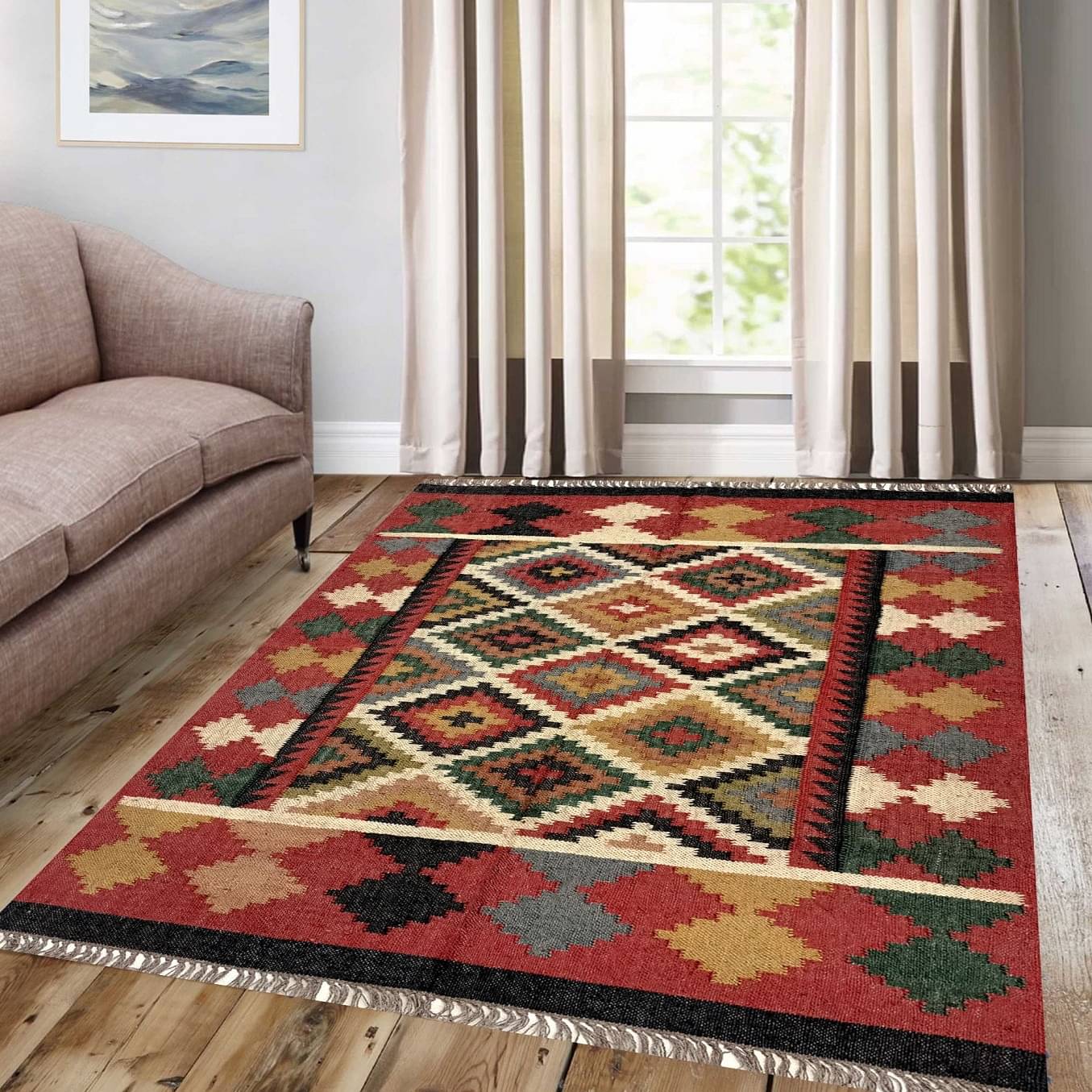 Handwoven Camel Wool And Jute Kilim Rug