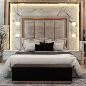 Gold Finish Upholstery King Size Bed With Storage - photo