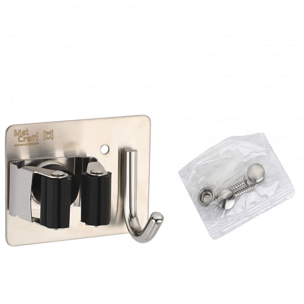 Wall Mounted Single Magic Mop and Broom Holder with Extra Hook and Screws (Silver-Black) - photo