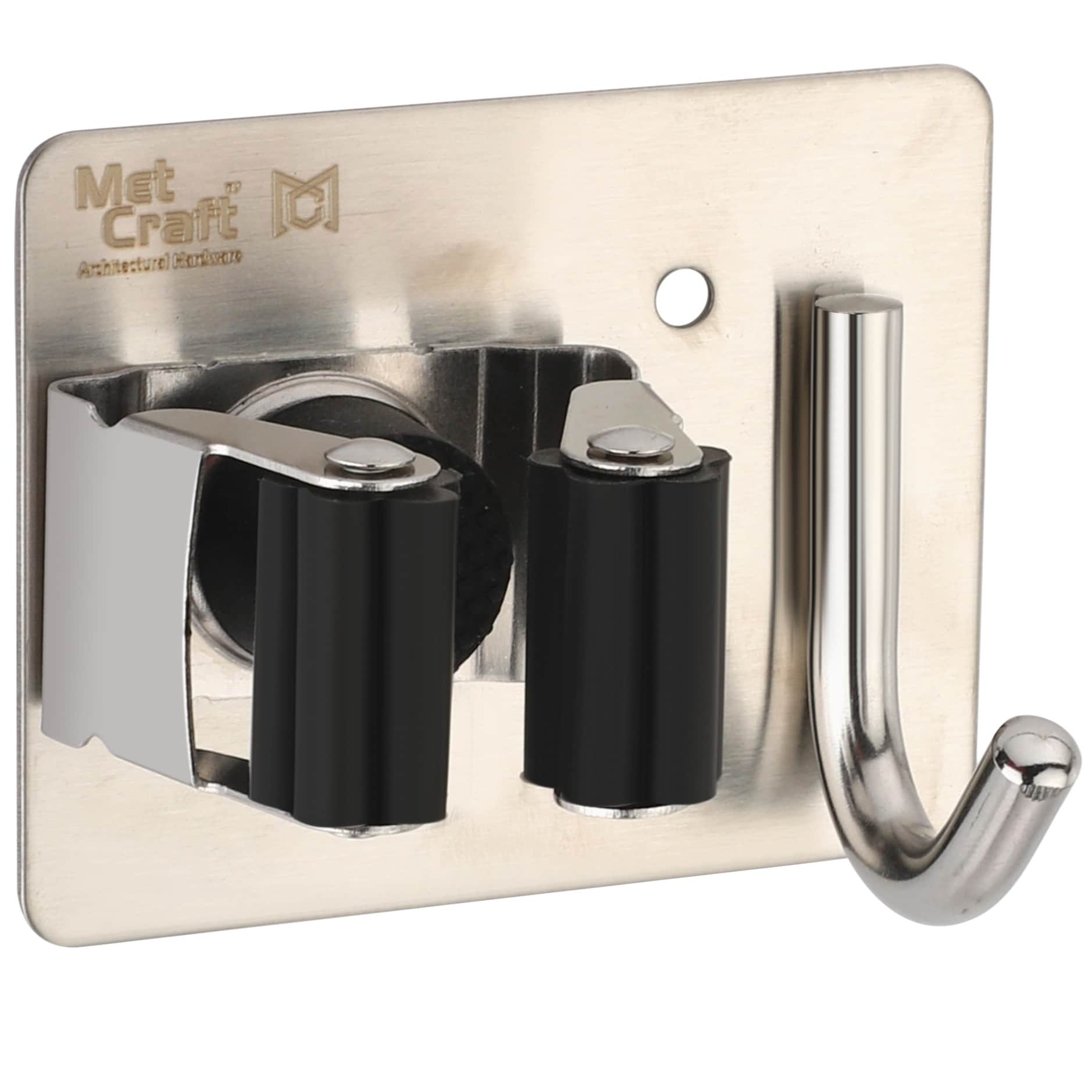 Wall Mounted Single Magic Mop and Broom Holder with Extra Hook and Screws (Silver-Black) - front_view