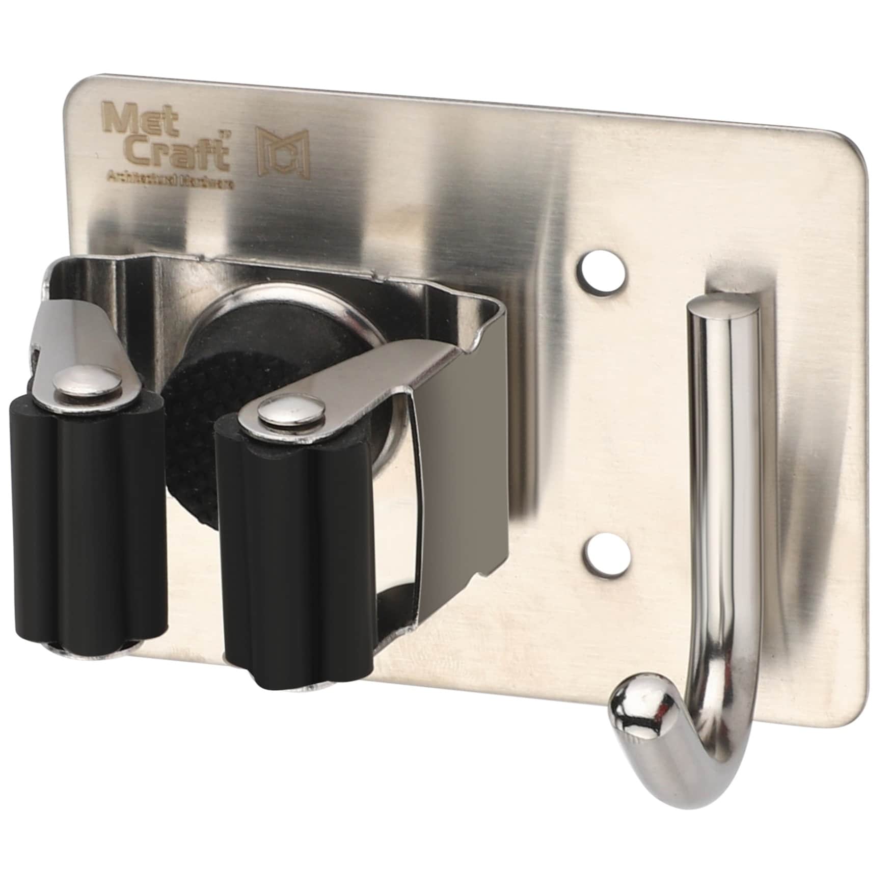 Wall Mounted Single Magic Mop and Broom Holder with Extra Hook and Screws (Silver-Black) - top_view