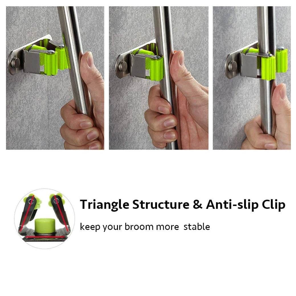 Wall Mounted Single Magic Mop and Broom Holder with Extra Hook and Screws (Silver-Black) - rear_view