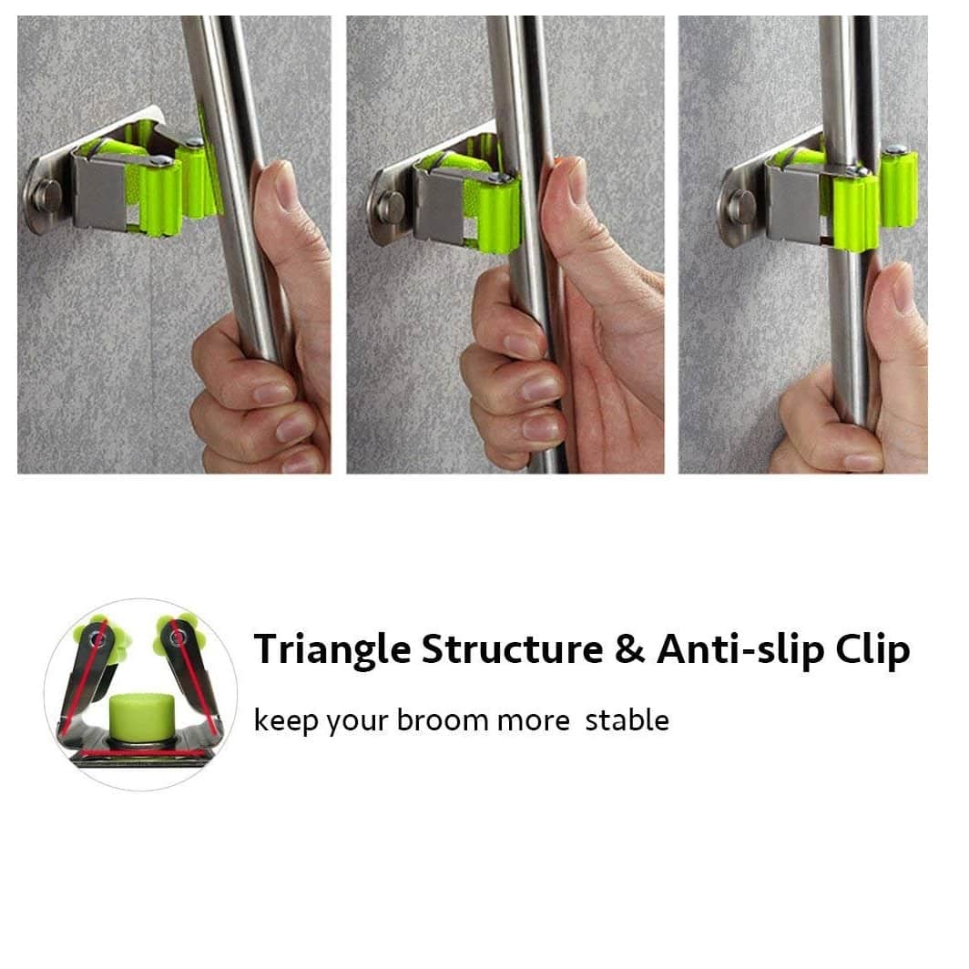 Wall Mounted Single Magic Mop and Broom Holder with Extra Hook and Screws - left_view
