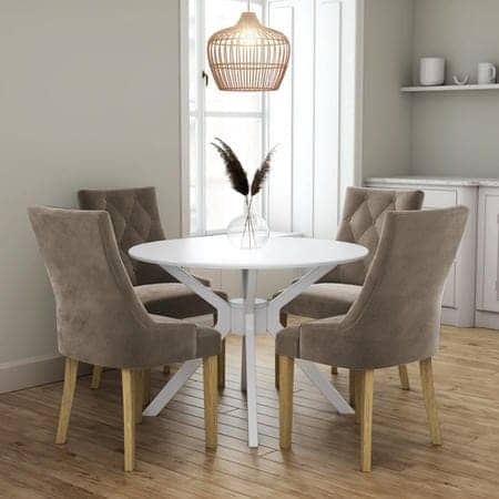 White Round Dining Table With 4 Mink Velvet Dining Chairs