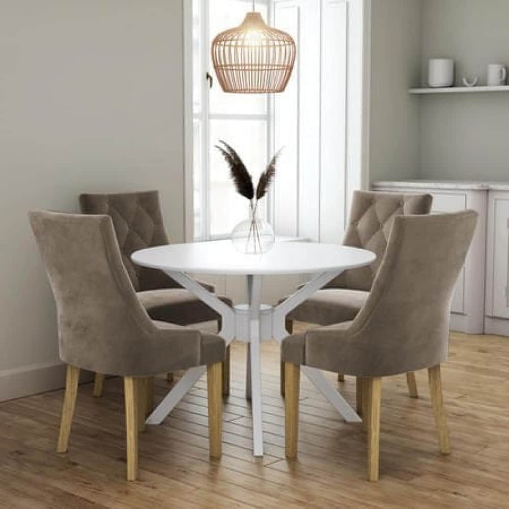 White Round Dining Table With 4 Mink Velvet Dining Chairs - photo