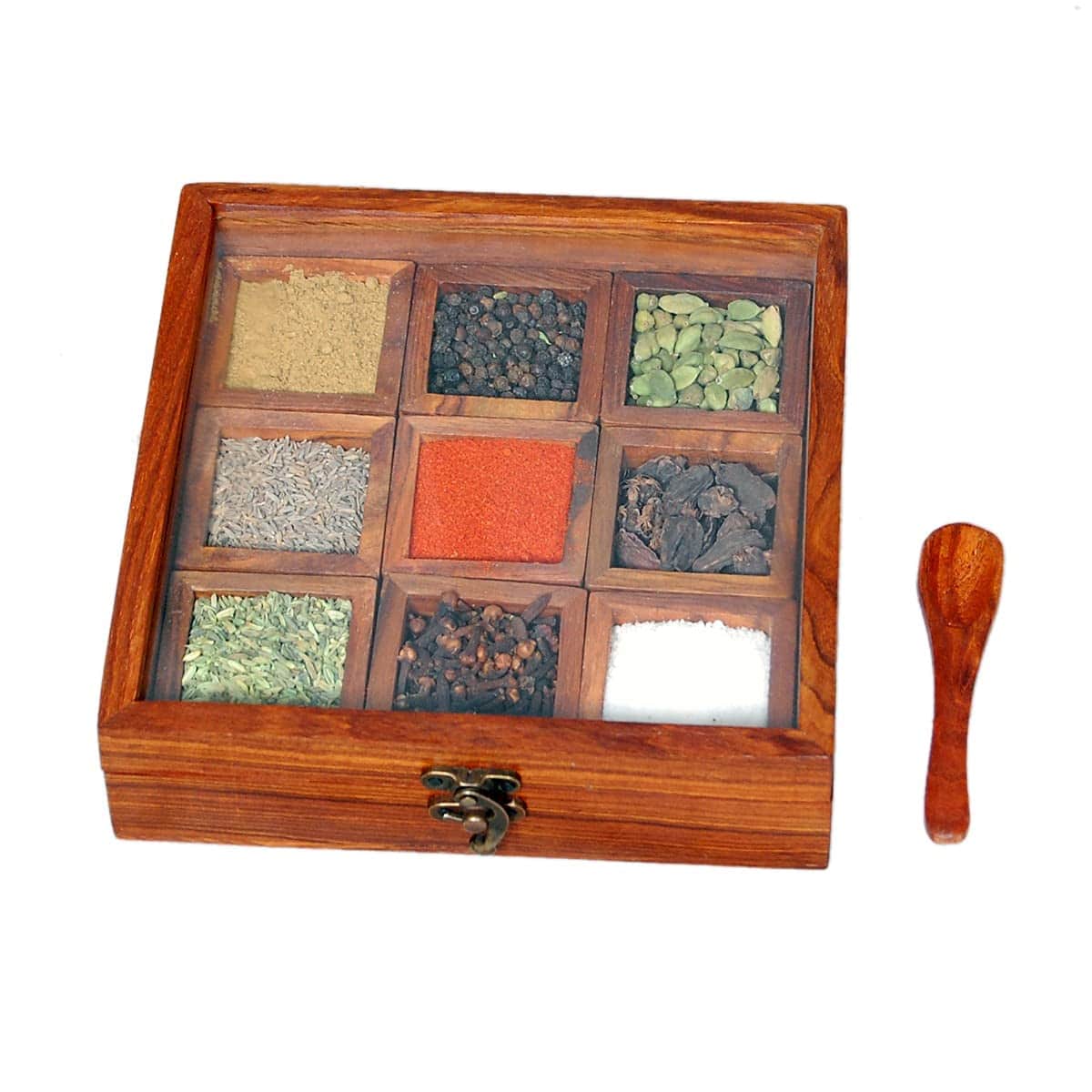 Sheesham Wooden Masala Box with Spoon | 9 container - front_view